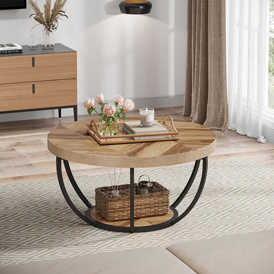 Modern Luxury Round Top Density Board Steel Coffee Table 1-Shelf For Living Room