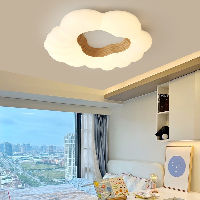 Modern Minimalist Cream Clouds Ash Wood Chip Plastics LED Flush Mount Ceiling Light For Bedroom