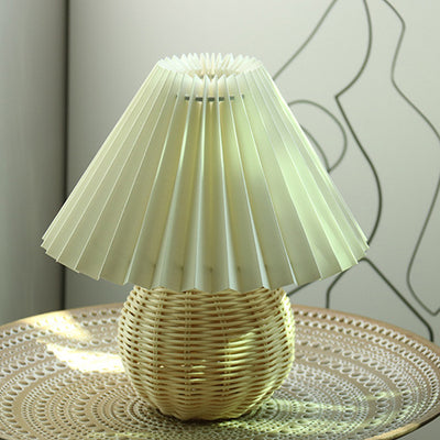 Contemporary Retro Pleated Fabric Round Ceramic Base 1-Light Table Lamp For Bedroom