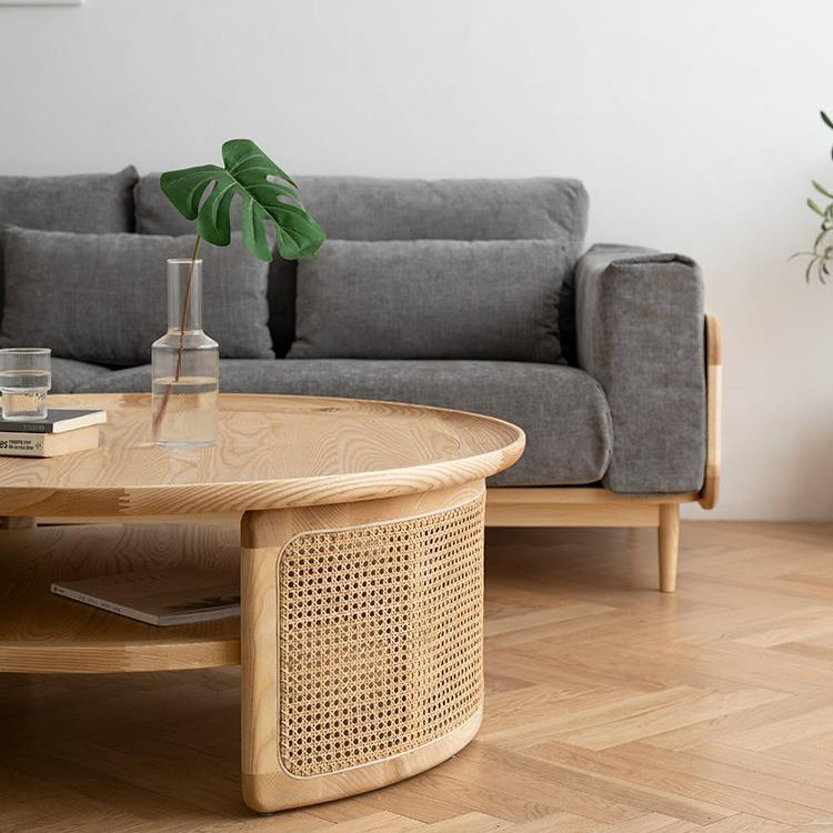 Contemporary Nordic Round Wood Rattan Coffee Table 2-Tier For Living Room