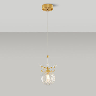 Modern Luxury Crown Orb All Brass Glass 1-Light Pendant Light For Bedroom