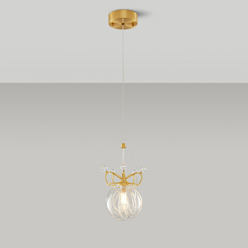 Modern Luxury Crown Orb All Brass Glass 1-Light Pendant Light For Bedroom