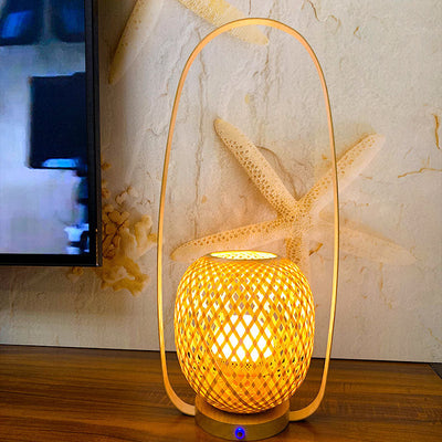 Traditional Japanese Bamboo Weaving Cage Portable LED USB Table Lamp For Bedroom