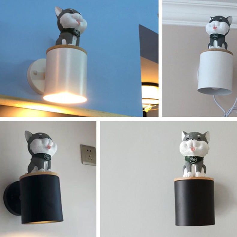 Contemporary Creative Resin Puppy Iron Cylinder Shade 1-Light Wall Sconce Lamp For Bedroom