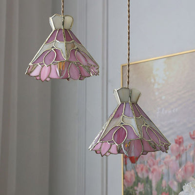 Contemporary Retro Brass Glass Conic Rose Tulip 1-Light Pendant Light For Dining Room