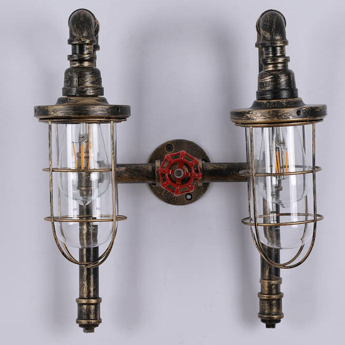 Retro Industrial Wrought Iron Water Pipe Round Glass Shade 2-Light Wall Sconce Lamp