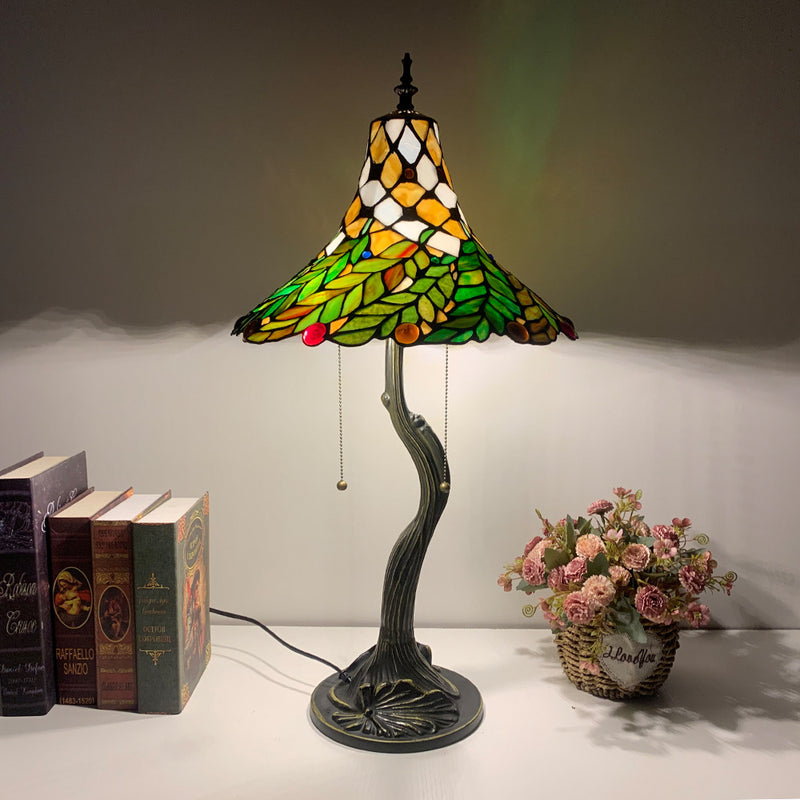 Traditional Tiffany Alloy Glass Horn Flower Leave 2-Light Table Lamp For Bedside