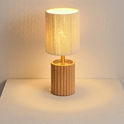 Traditional Japanese Round Cylinder Paper Rope Wood 1-Light Table Lamp For Bedroom