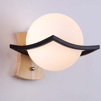 Modern Minimalist Spherical Wood Glass 1-Light Wall Sconce Lamp For Bedroom