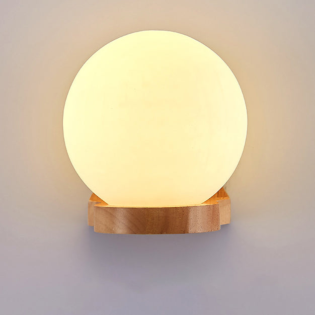 Modern Minimalist Orb Shape Wood Glass 1-Light Wall Sconce Lamp For Bedroom