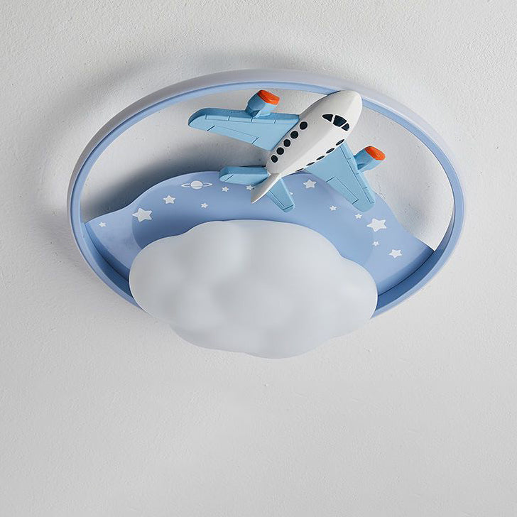 Contemporary Creative Resin Cartoon Airplane Rabbit Iron LED Kids Flush Mount Ceiling Light For Bedroom