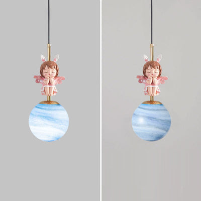 Contemporary Nordic Kids Resin Glass Round Angel 1-Light Pendant Light For Bedside