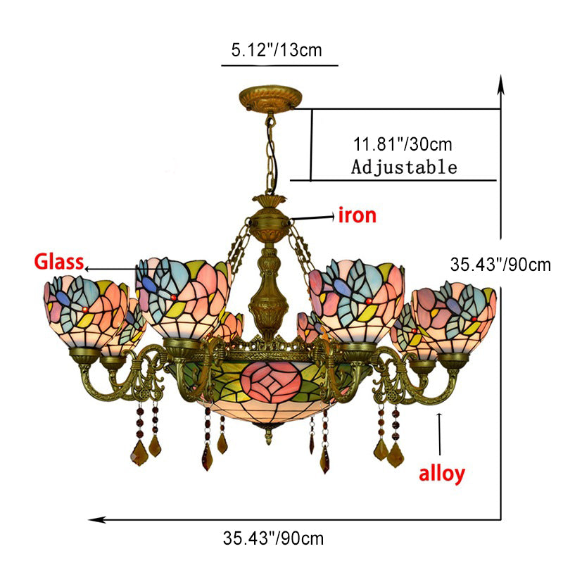 Traditional Tiffany Flower Dome Iron Glass Alloy 8/11 Light Chandeliers For Living Room