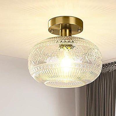 Modern Minimalist Round Patterned Spherical Glass Crystal Iron 1-Light Semi-Flush Mount Ceiling Light For Living Room