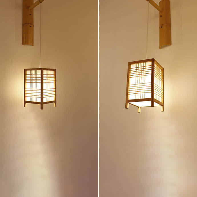 Traditional Japanese Style Bamboo Square 1-Light Wall Sconce Lamp For Living Room