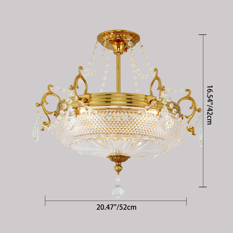 Modern Luxury Round Copper Crystal 3-Light Semi-Flush Mount Ceiling Light For Living Room