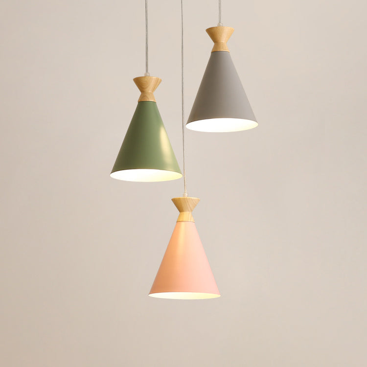 Contemporary Creative Macaron Cone Horn Hardware Rubber Solid Wood 1-Light Pendant For Living Room