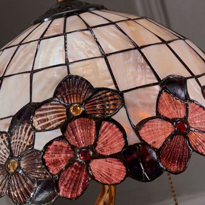 Traditional Tiffany Shell Stained Glass Shade Full Copper Base 1-Light Table Lamp For Bedroom