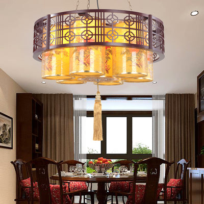 Traditional Chinese Iron Wood PVC Round Cylinder Printed 7/9/11 Light Chandeliers For Dining Room