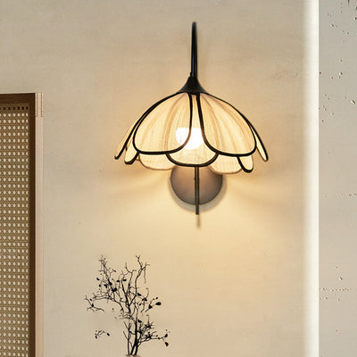 Traditional Japanese Flower Petal Shaped Iron Plant Fiber 1-Light Wall Sconce Lamp For Bedroom