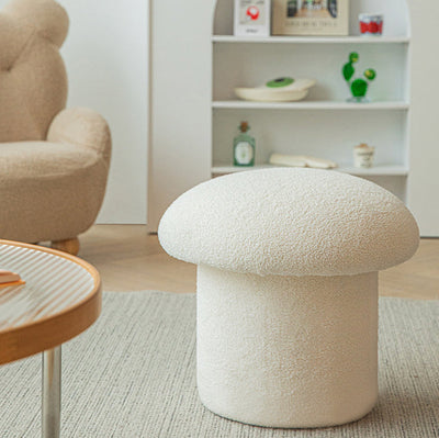 Modern Minimalist Mushroom Cylinder Lambswool Wood Vanity Stool For Bedroom