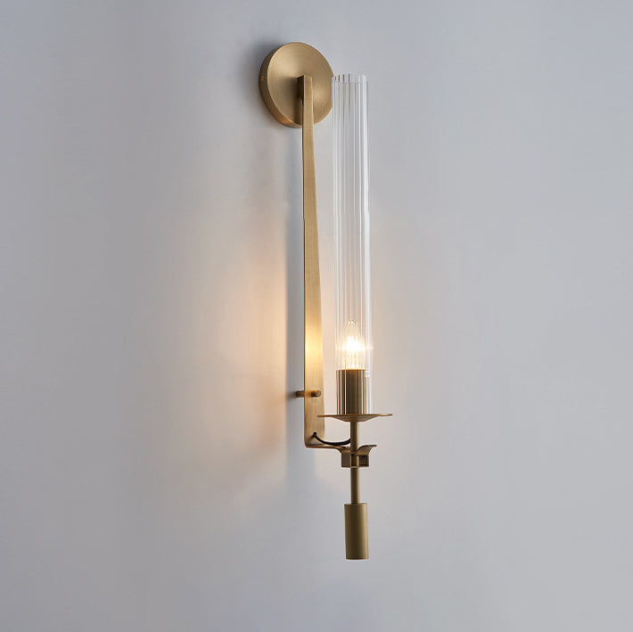 Contemporary Luxury Brass Iron Frame Glass Cylinder Shade 1-Light Wall Sconce Lamp For Living Room