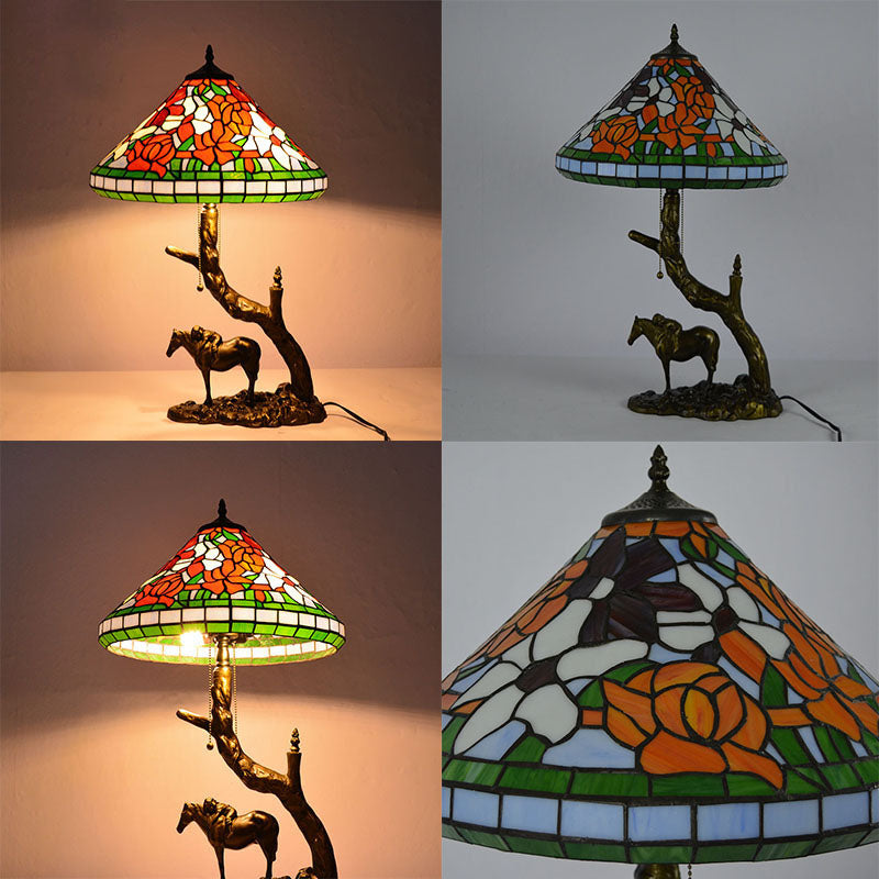 Traditional Tiffany Resin Glass Dome Conic Hemispheric Branch Horse Base 2-Light Table Lamp For Study