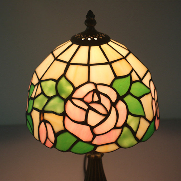 Traditional Tiffany Rose Flower Stained Glass Shade Zinc Alloy Base 1-Light Table Lamp For Study