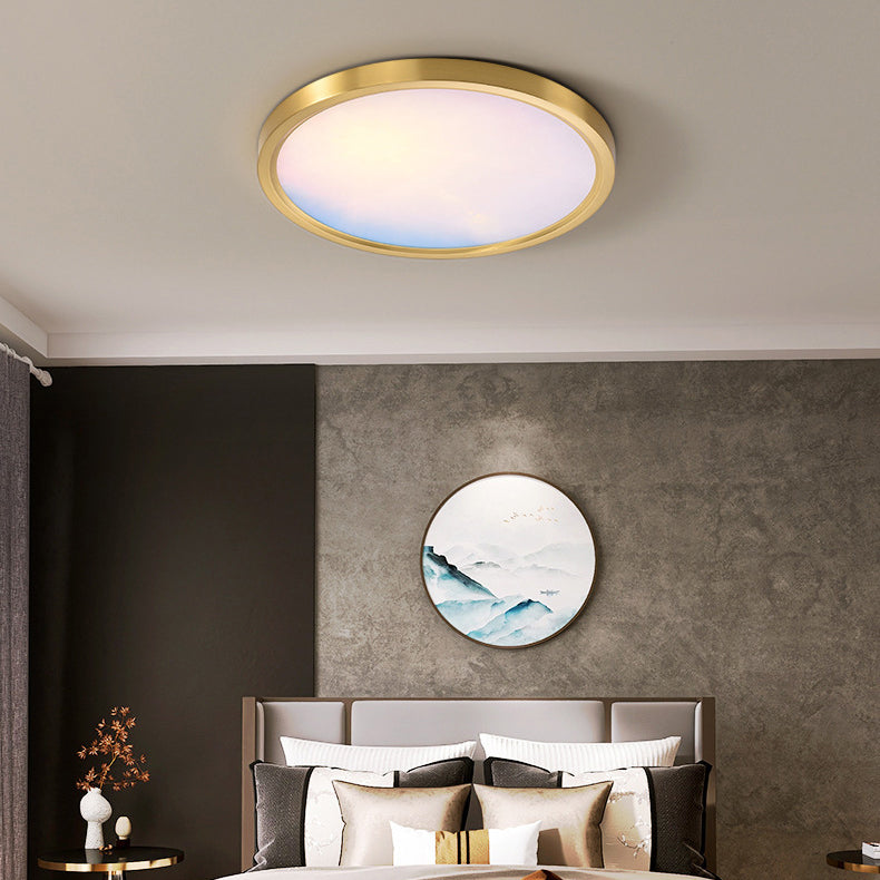 Modern Simplicity Full Copper Blue Sky Cloud Design Round Acrylic Shade LED Flush Mount Ceiling Light For Living Room