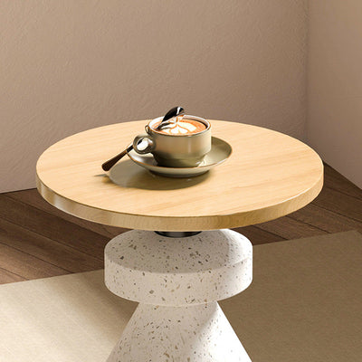 Modern Minimalist Round Tapered Wood Marble Rub Coffee Table For Living Room