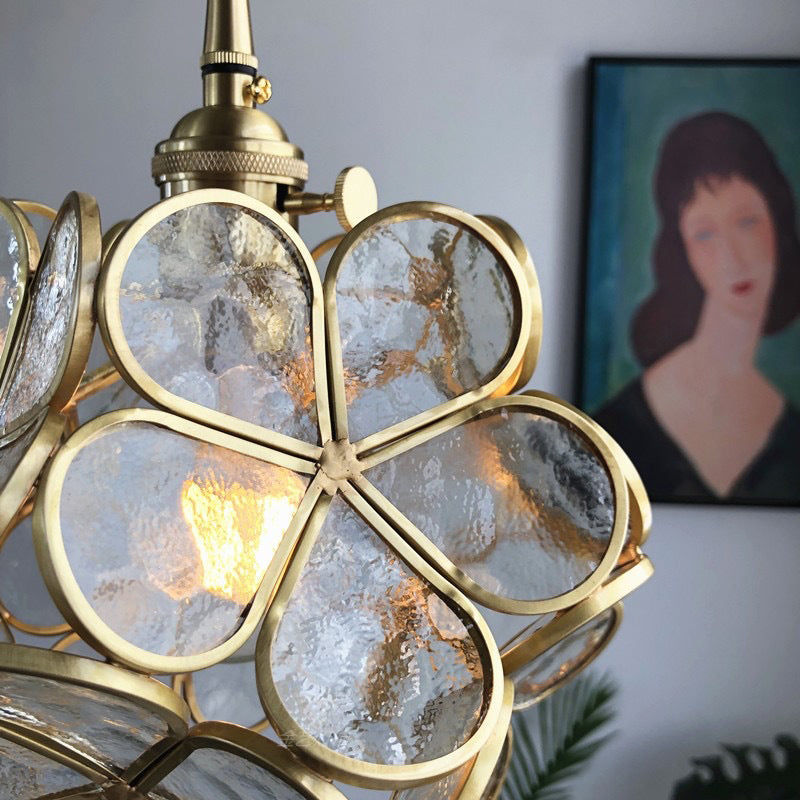 Modern Art Deco Brass Petal Glass Shade 1-Light Pendant Light For Living Room