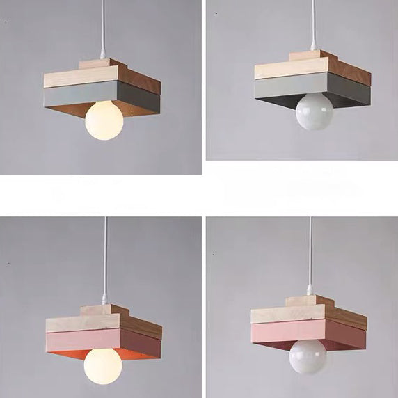 Modern Minimalist Macaron Square Iron Wood 1-Light Pendant Light For Living Room