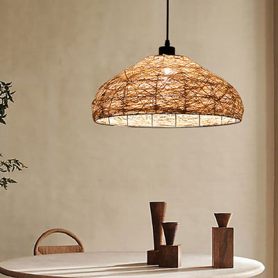 Traditional Chinese Rattan Weaving Round Shade 1-Light Pendant Light For Dining Room