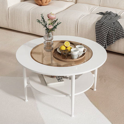 Contemporary Scandinavian Round Glass Marble Stainless Steel End Table 2-Tier For Living Room