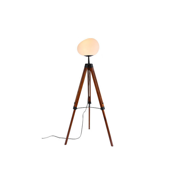 Contemporary Retro PE Round Shade Adjustable Wood Tripod Stand 1-Light Standing Floor Lamp For Bedroom