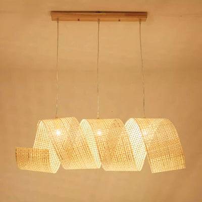 Traditional Japanese Bamboo Weaving Ribbon Shape 2/3-Light Chandelier For Dining Room