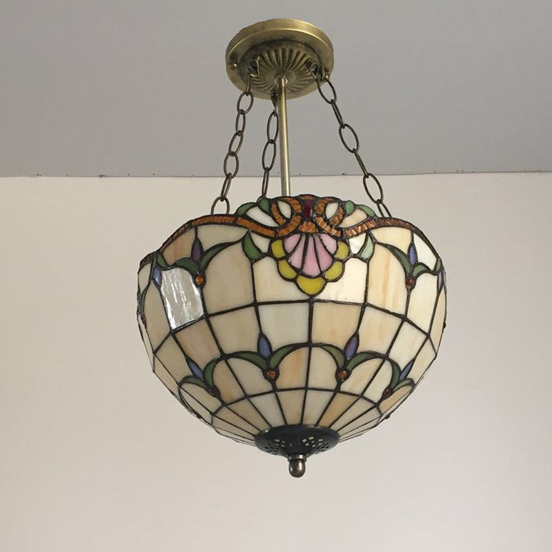 Traditional Tiffany Half Globe Floral Plaid Pattern Iron Glass 2-Light Pendant Light For Bedroom