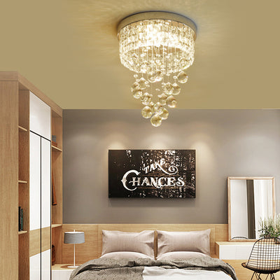 Traditional European Stainless Steel Crystal Round Pendant LED Flush Mount Ceiling Light For Hallway