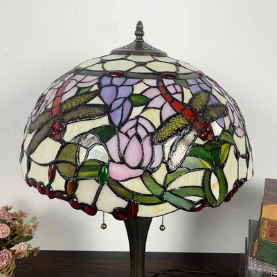 Traditional Tiffany Umbrella Flower Dragonfly Alloy Stained Glass 2-Light Table Lamp For Bedroom