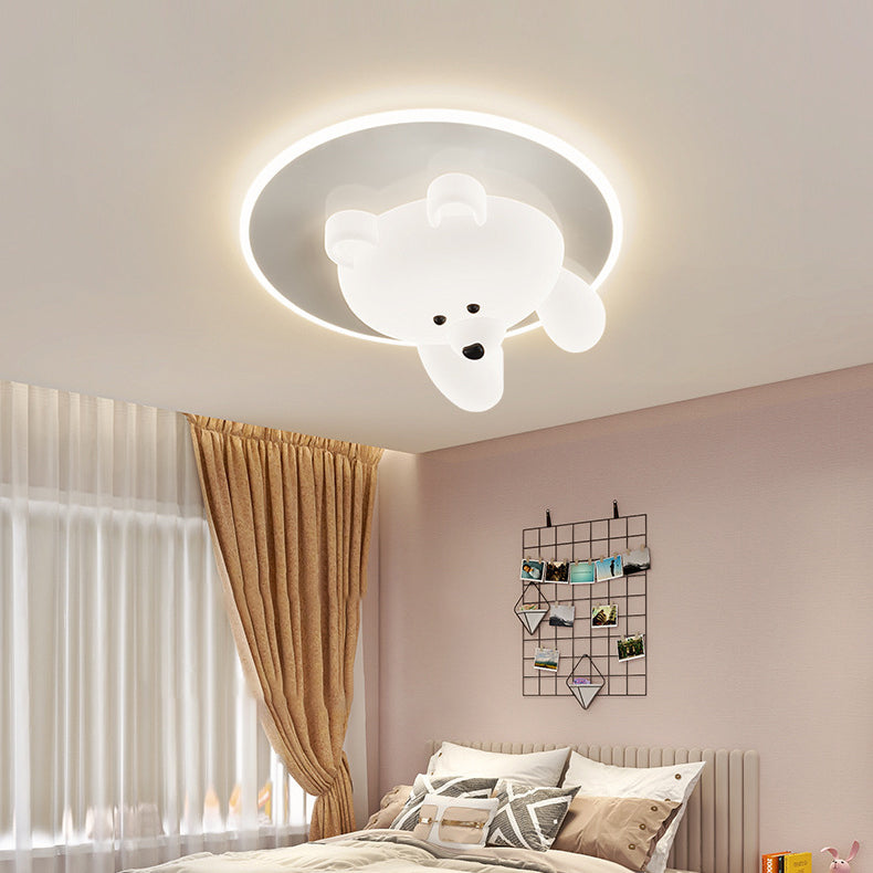 Modern Art Deco Round Cloud Bear Acrylic Iron LED Flush Mount Ceiling Light For Bedroom