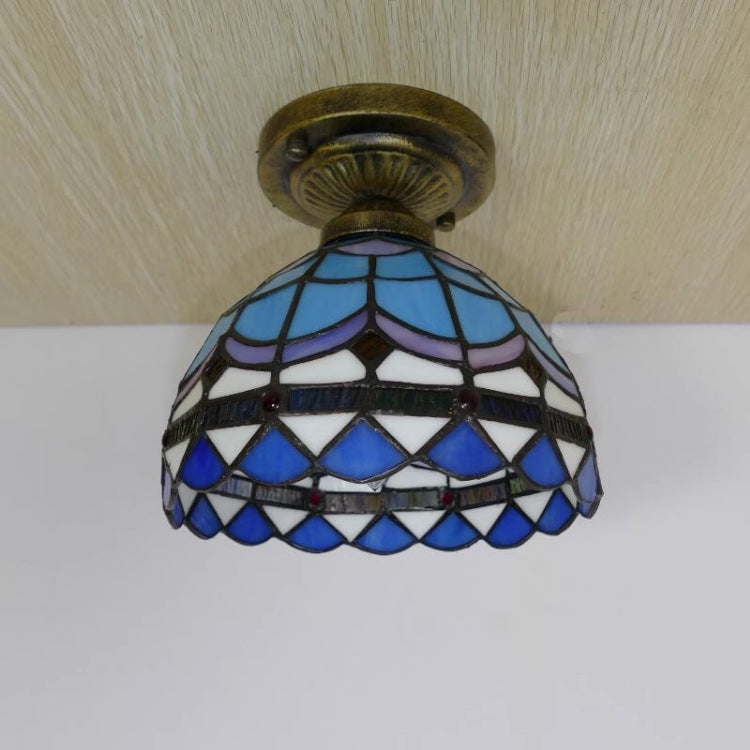 Traditional Tiffany Dome Iron Glass 1-Light Semi-Flush Mount Ceiling Light For Living Room