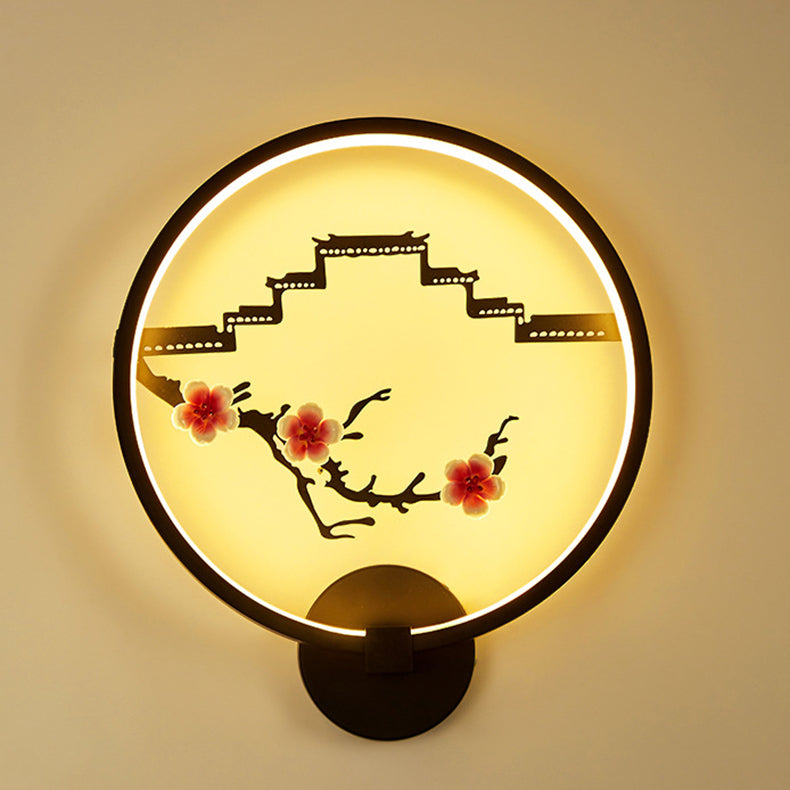 Traditional Chinese Round Plum Blossom Lotus Leaf Aluminum Acrylic LED Wall Sconce Lamp For Living Room