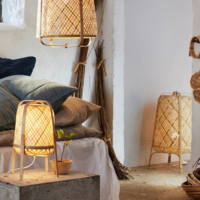 Traditional Japanese Cylindrical Hand-Woven Bamboo 1-Light Standing Floor Lamp For Bedroom