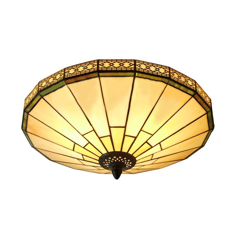 Traditional Tiffany Conical Diamond Glass 3-Light Flush Mount Ceiling Light For Living Room