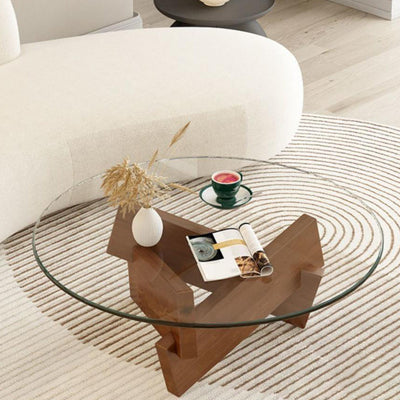 Contemporary Scandinavian Glass Triangular Wooden Base Coffee Table For Living Room