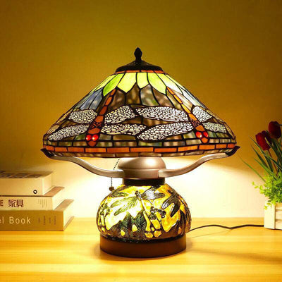 Traditional Tiffany Iron Glass Conic Dragonfly Water Lily 2/3 Light Table Lamp For Study