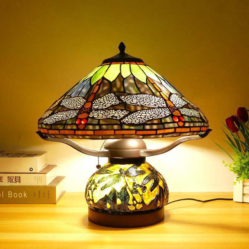 Traditional Tiffany Iron Glass Conic Dragonfly Water Lily 2/3 Light Table Lamp For Study