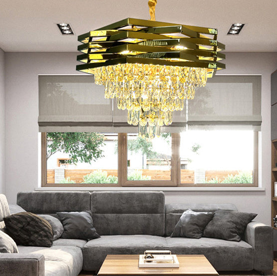 Contemporary Luxury Square Stacked Branch Crystal Metal Stainless Steel 5/7/8/9 Light Chandelier For Living Room