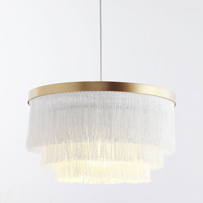 Contemporary Scandinavian Tassel Round Silk Polyester Iron 1-Light Pendant Light For Bedroom