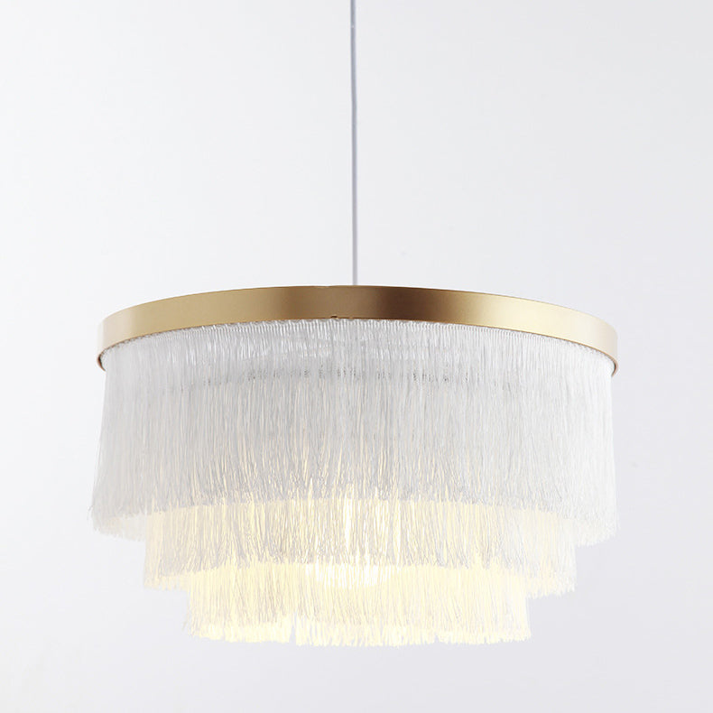 Contemporary Scandinavian Tassel Round Silk Polyester Iron 1-Light Pendant Light For Bedroom